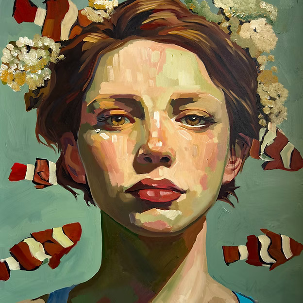 Portrait of woman with short brown hair, red lips, flanked by red-striped fish and white flowers on teal background
