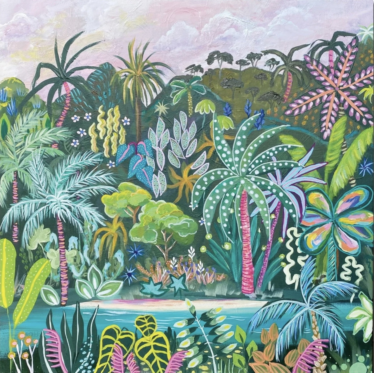 Colorful painting of dense tropical jungle with exotic plants and foliage in greens, blues, and purples