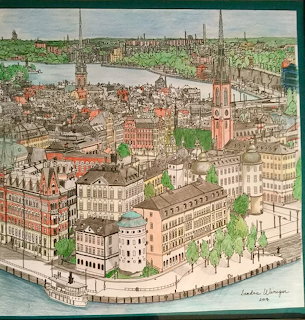 Illustrated bird's-eye view of a historic city with churches, streets, and waterfront buildings