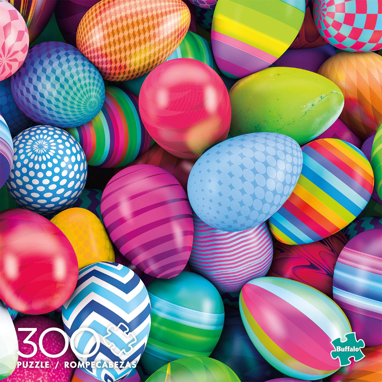 Colorful patterned Easter eggs with stripes, dots, and geometric designs