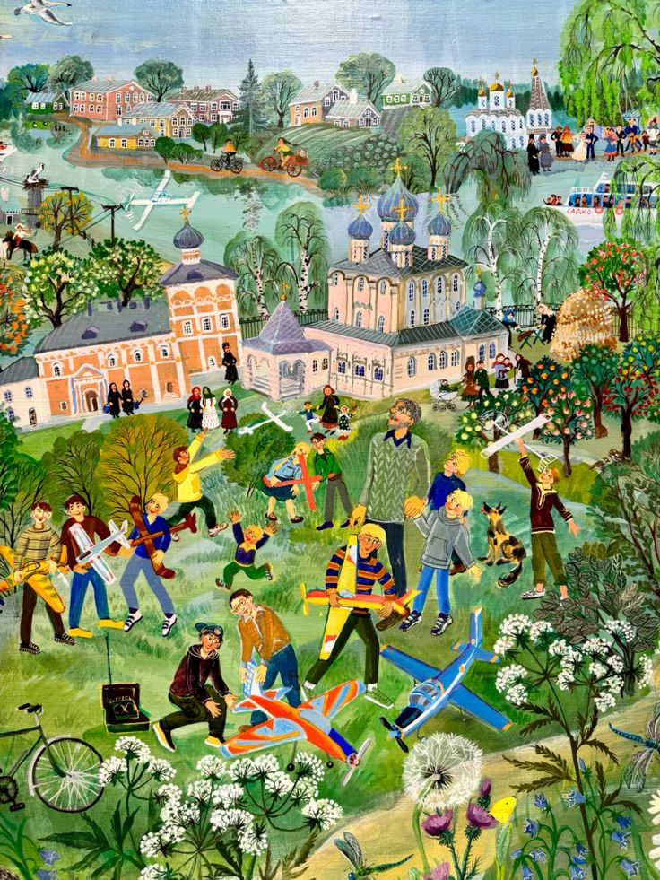 Illustrated park with people playing, relaxing among trees and buildings in folk art style