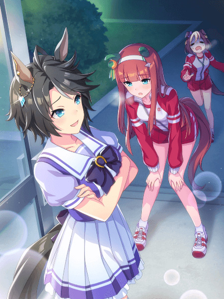 Three anime girl characters from Umamusume Pretty Derby, one with horse ears in a white sailor uniform.
