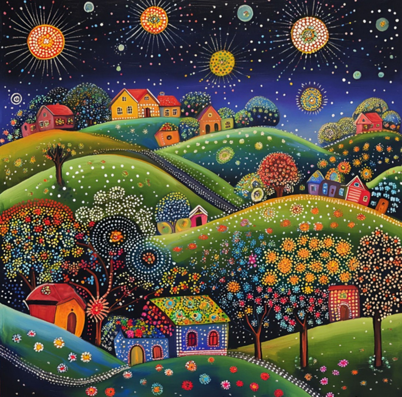 Folk art painting of colorful houses on rolling green hills under a starry night sky with decorative suns and moons