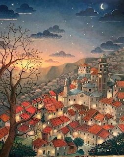 Painting of a moonlit hillside village with red roofs, a bare tree, and clouds at dusk
