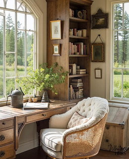 Rustic wooden desk and cane chair in a cozy home office with bookshelf and large windows showing greenery