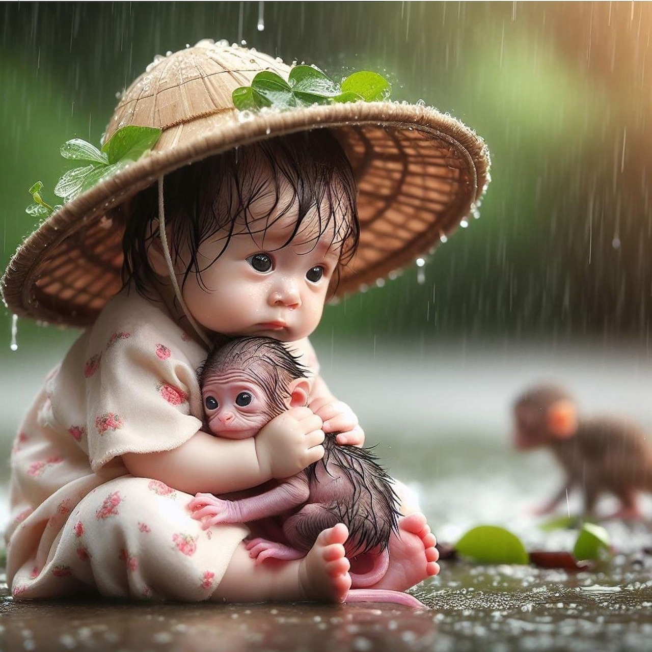 3D rendered child wearing woven hat cuddling baby sloth in the rain