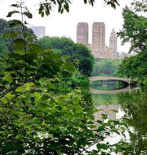 Bridge over lake in Central Park with green foliage and city buildings in background
