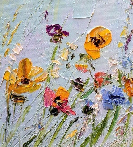 Impressionist painting of vibrant wildflowers in orange, pink, yellow, and purple against pale blue sky