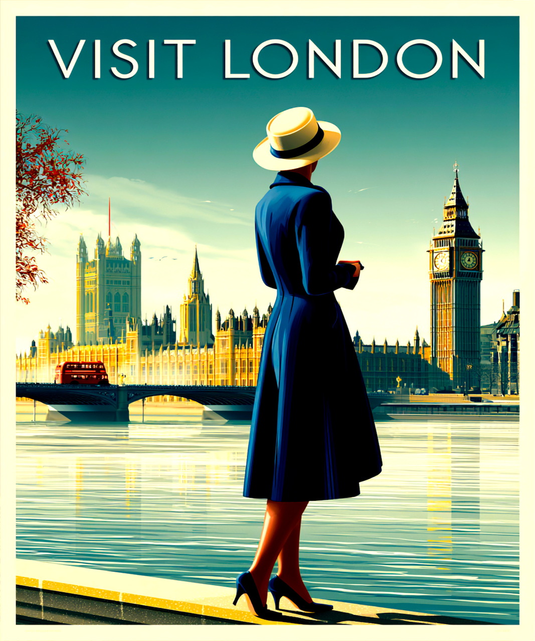 Woman in blue dress and hat viewing Big Ben and Westminster from Thames riverside, vintage travel poster style