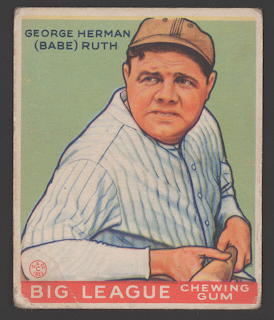 Vintage Babe Ruth baseball card with illustrated portrait in Yankees pinstripes