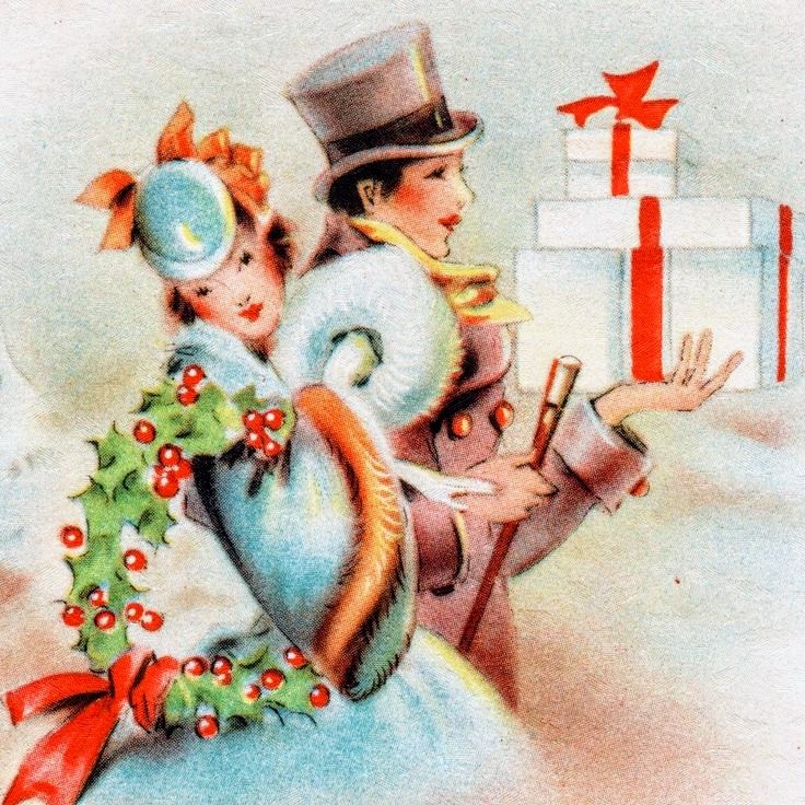 Vintage 1920s Christmas card with woman in blue coat, top hat, holding wreath and gifts