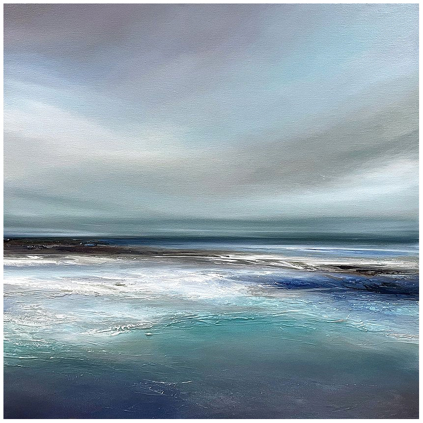 Abstract seascape painting with cloudy sky, horizon, and reflective blue water