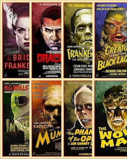 Grid of eight vintage horror movie posters showing classic monsters including Frankenstein, Dracula, and The Mummy