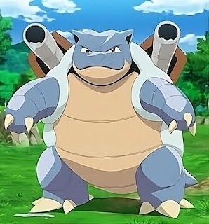 Blastoise Pokémon character with water cannons standing outdoors