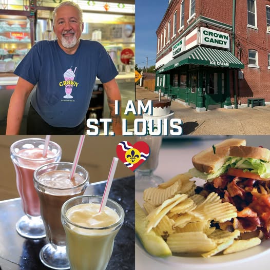Four-photo collage of Crown Candy restaurant: man smiling, green-awning storefront, drinks, and sandwich platter