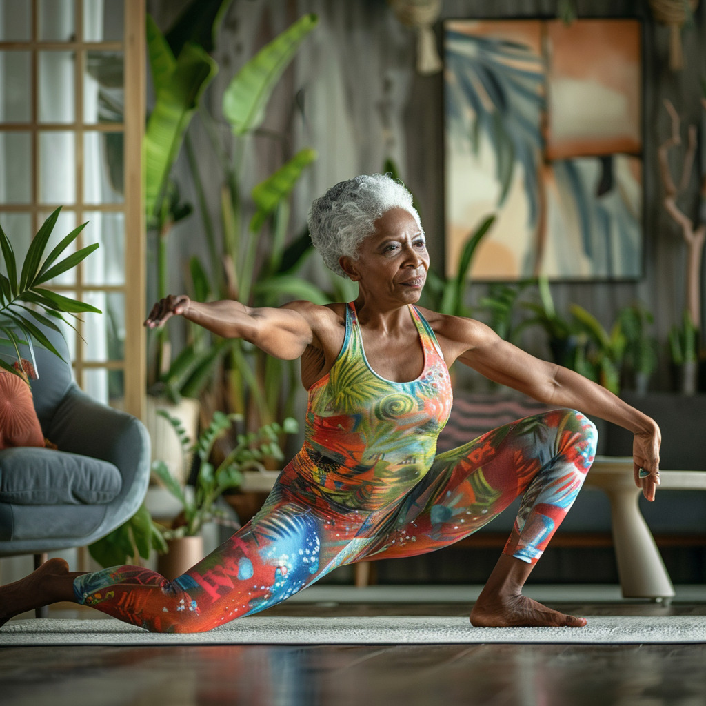 Older woman in colorful activewear doing a deep stretching pose indoors among houseplants