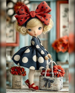 Handcrafted doll with blonde curls, red bow, and navy polka dot dress beside flower pots