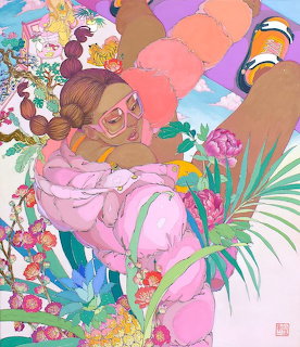 Colorful illustration of a woman in pink outfit reclining among flowers and palm fronds