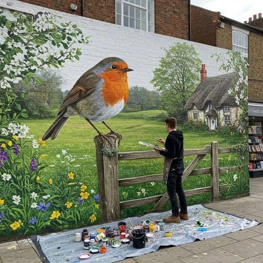Street art mural showing a robin on a fence post with cottage and countryside in background