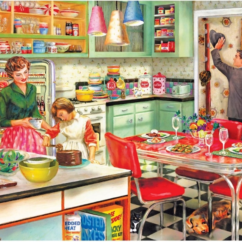 Colorful retro kitchen painting with a woman, child, table, cabinets, and pantry shelves