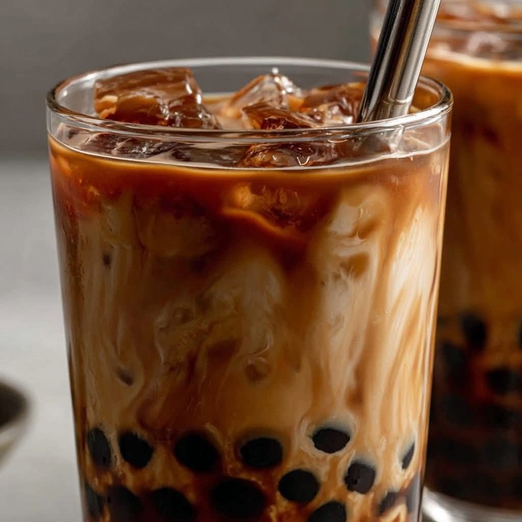 Glass of brown sugar bubble tea with ice, milk swirls, and tapioca pearls