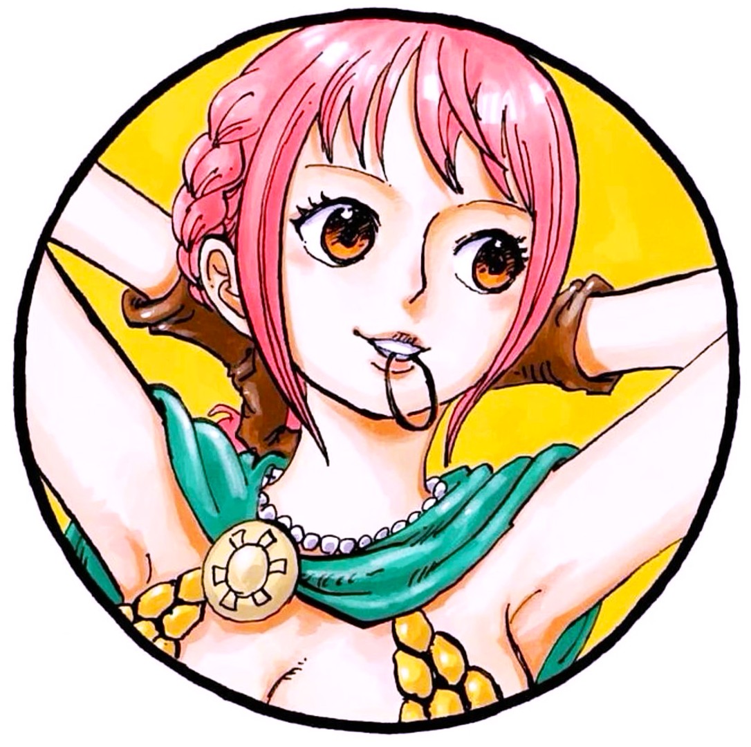 Anime girl with pink hair and yellow eyes wearing teal and yellow outfit with clock necklace