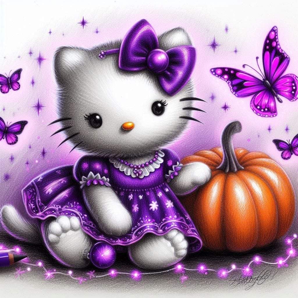 Cute white cartoon cat in a purple dress beside an orange pumpkin with purple butterflies