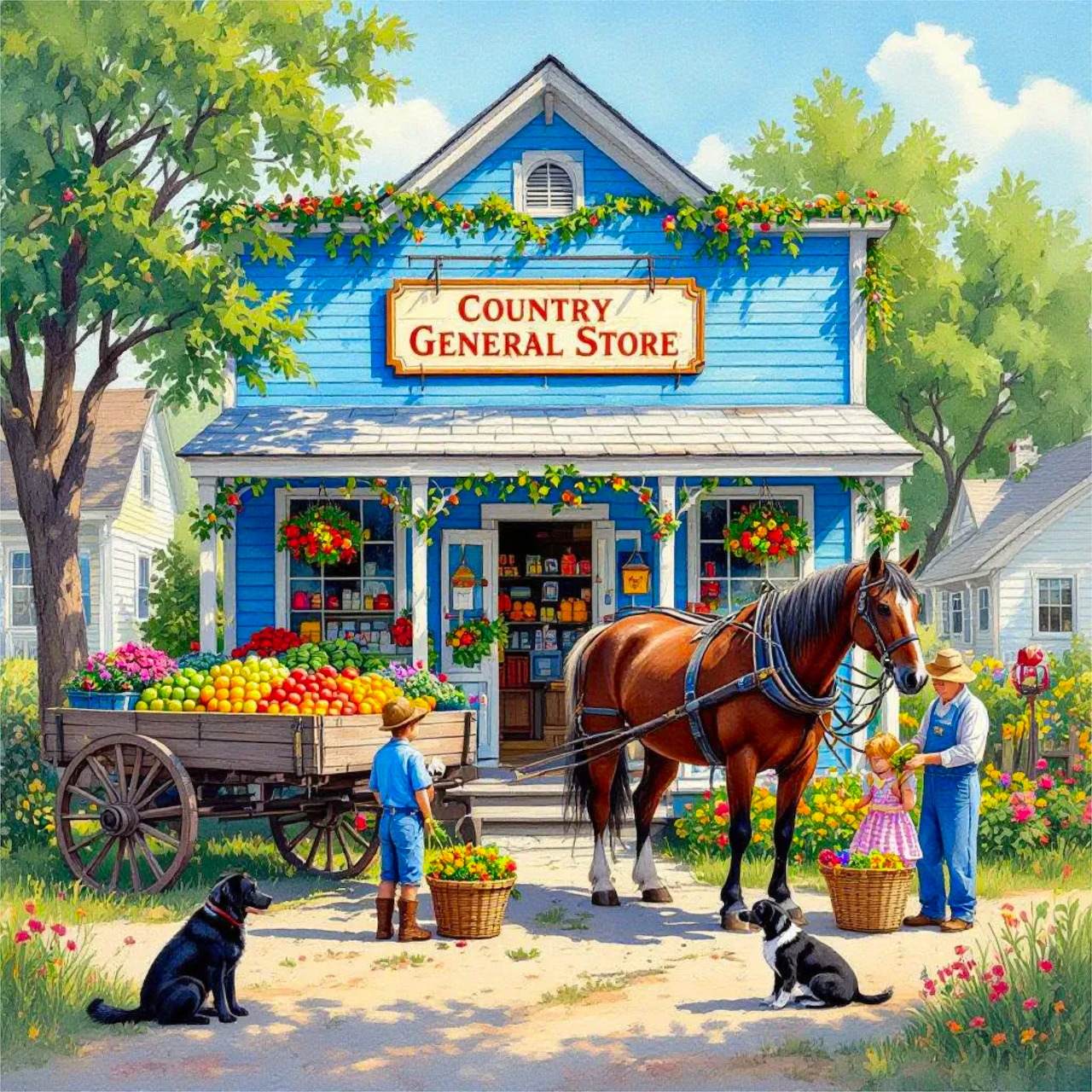Country general store with blue exterior, horse and cart loaded with produce, flowers, and people shopping outside