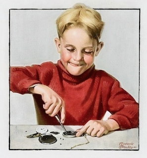 Vintage illustration of boy in red sweater repairing watch