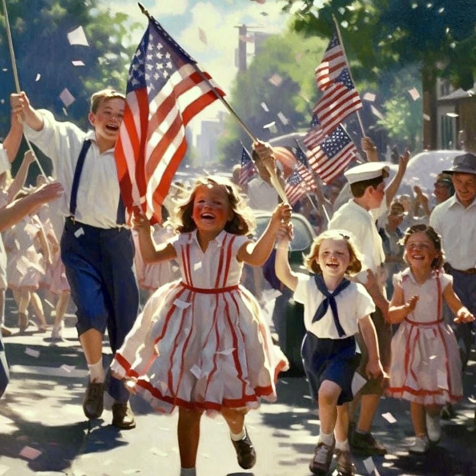 Vintage-style image of children in a parade waving American flags on a sunny street
