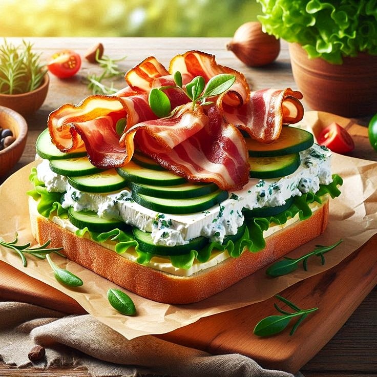 Open-faced sandwich with cucumber, cheese, prosciutto, tomatoes and lettuce on wooden cutting board