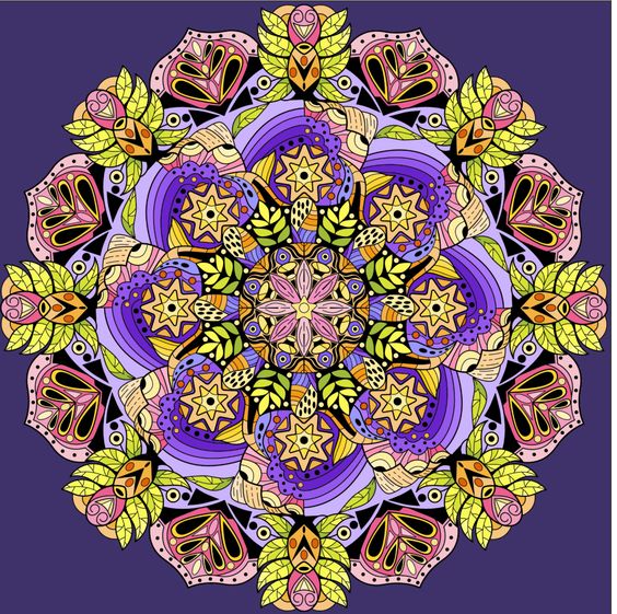 Colorful floral mandala with purple, yellow, and pink symmetrical patterns on purple background