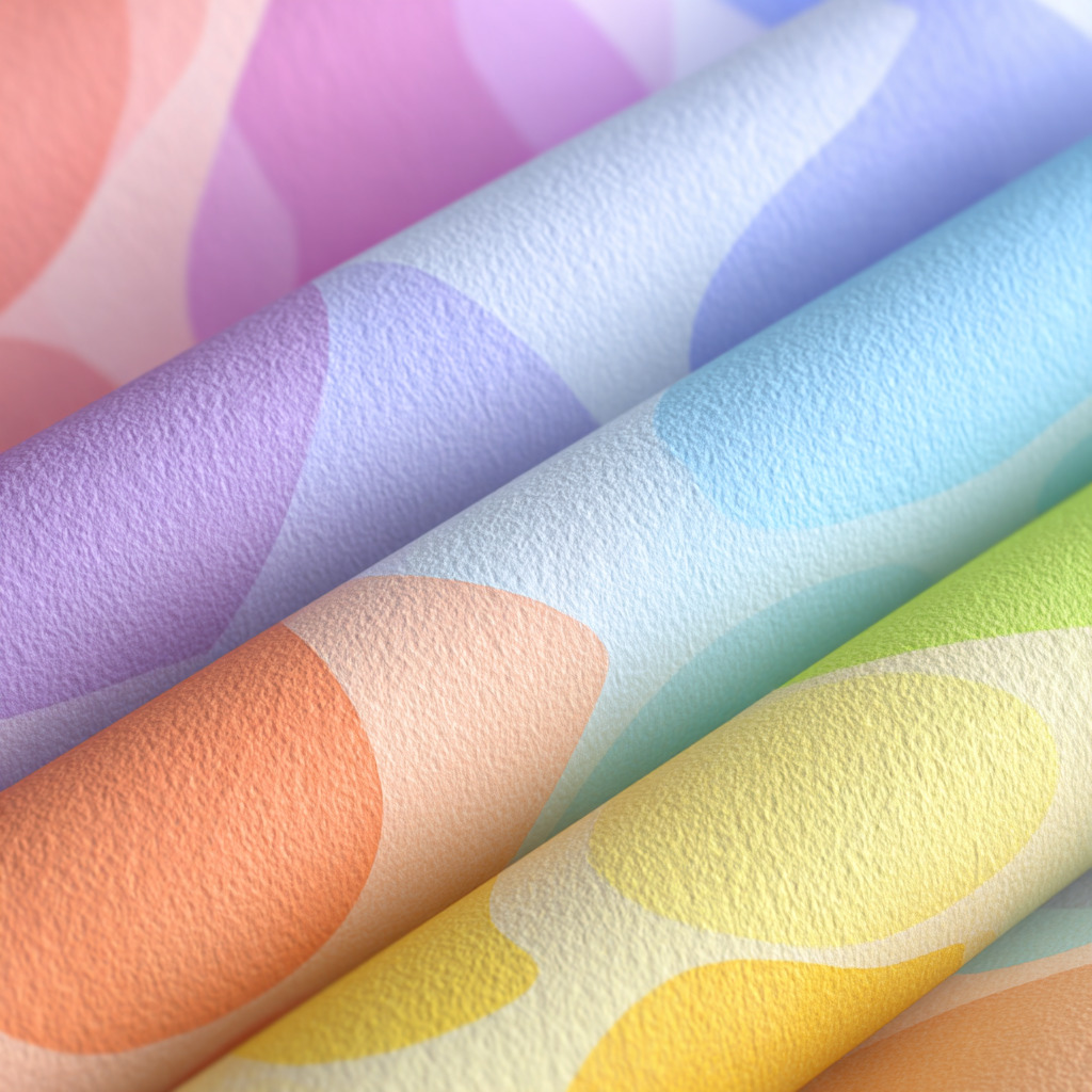 Close-up of rolled textured sheets in pastel colors with abstract curved patterns