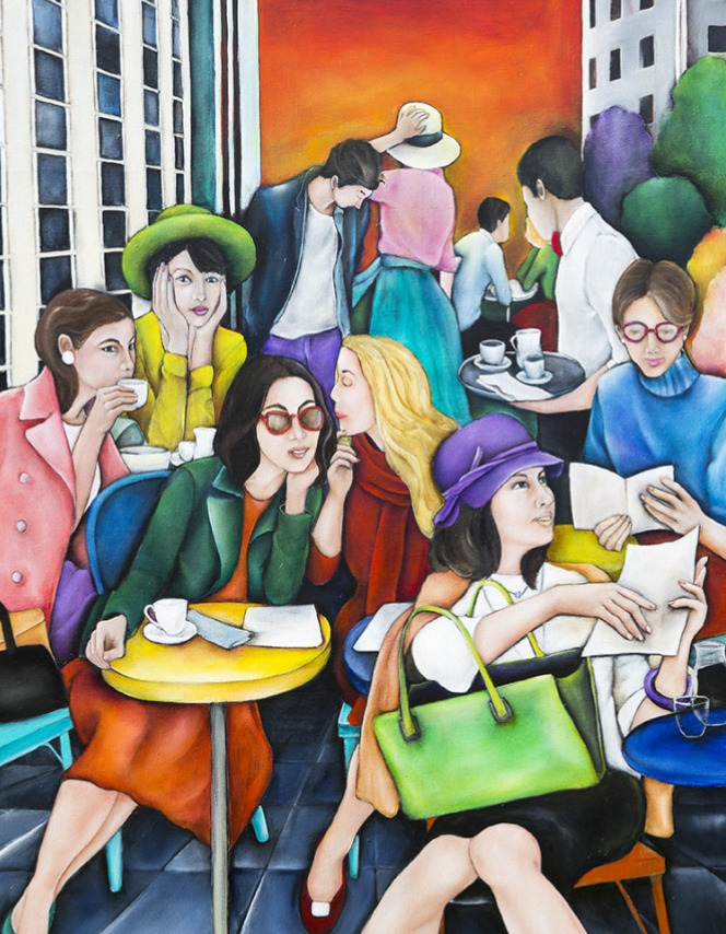 Colorful painting of fashionable women chating and reading at an outdoor city café