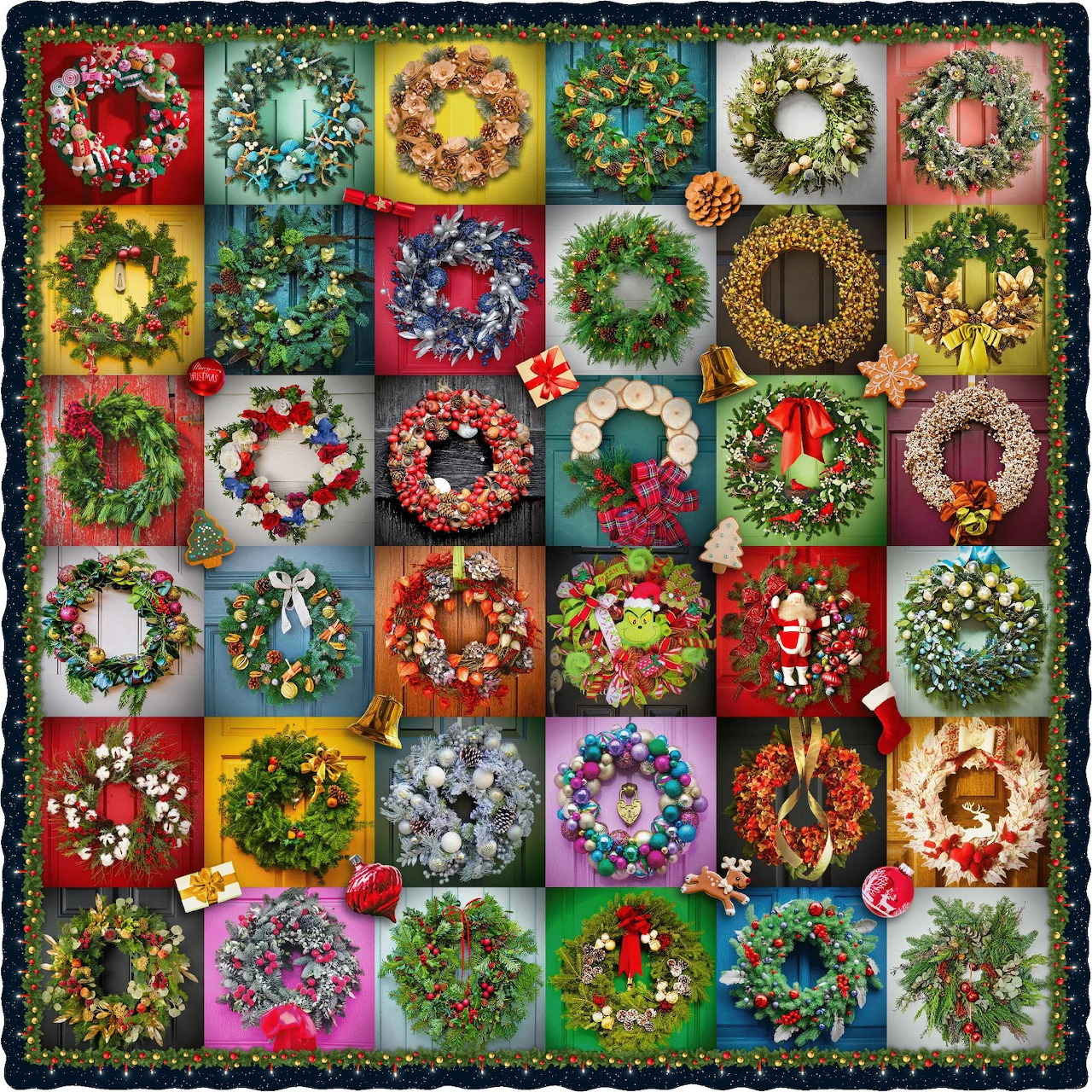 Grid of 36 colorful Christmas wreaths with varied decorations including ribbons, ornaments, flowers, and bows