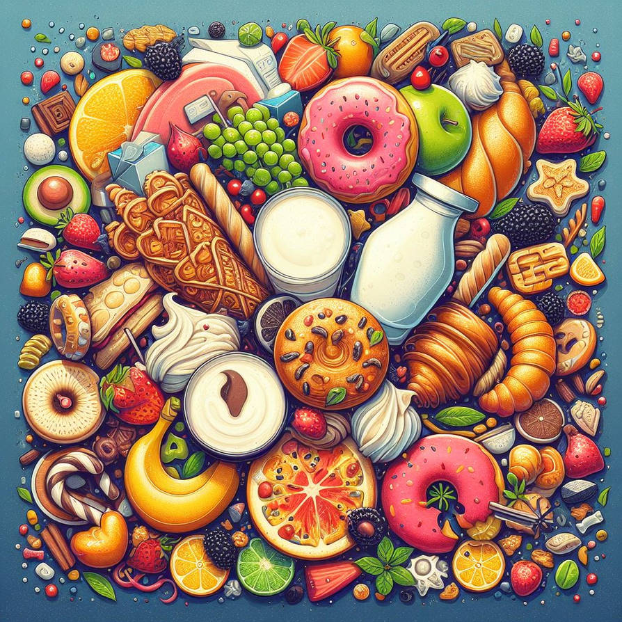 Colorful illustration of assorted fruits, pastries, bread, milk, and snacks packed together