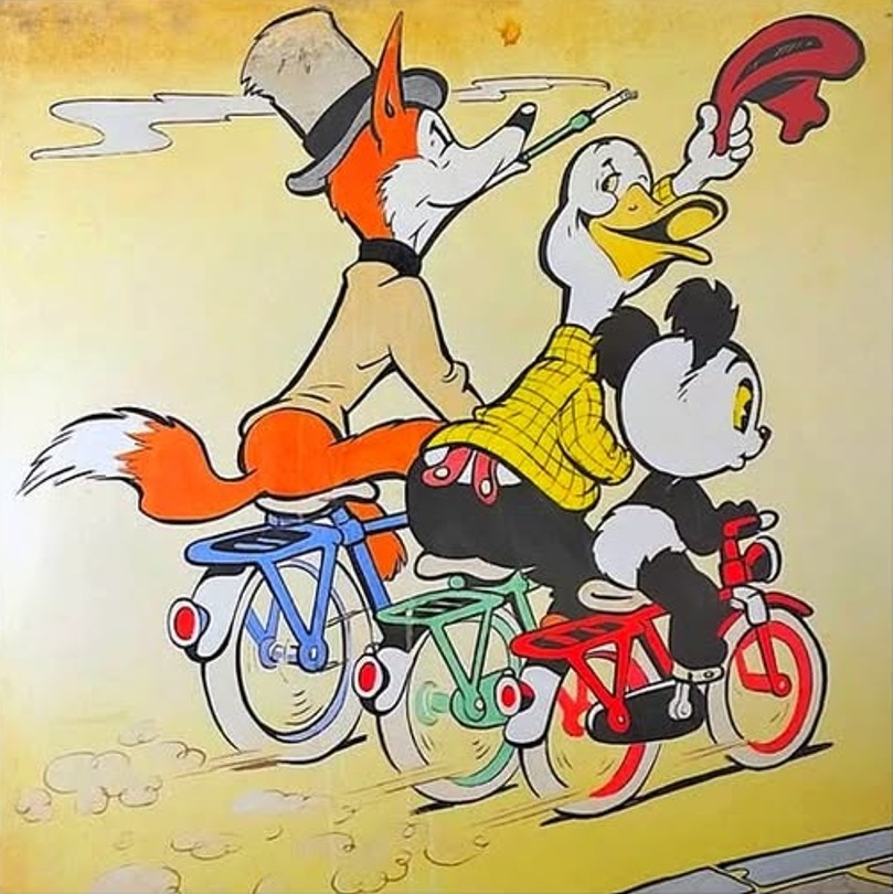 Three cartoon animals riding colorful bicycles on a pale yellow background