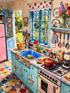Colorful illustrated kitchen with floral patterns, blue cabinets, stove, and garden window view