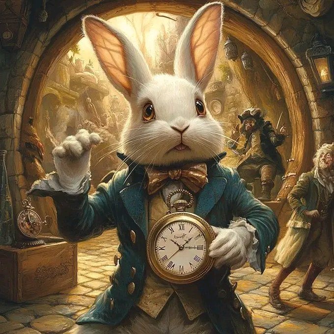 White rabbit in blue coat holding golden pocket watch in steampunk clock workshop