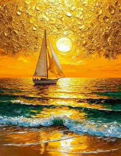 Sailboat sailing on ocean at sunset with golden sky and waves crashing on beach