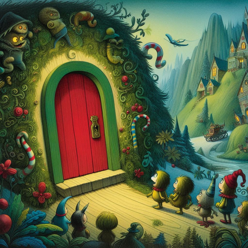 Fantasy illustration of a red door in a grassy hill with tiny characters walking toward it