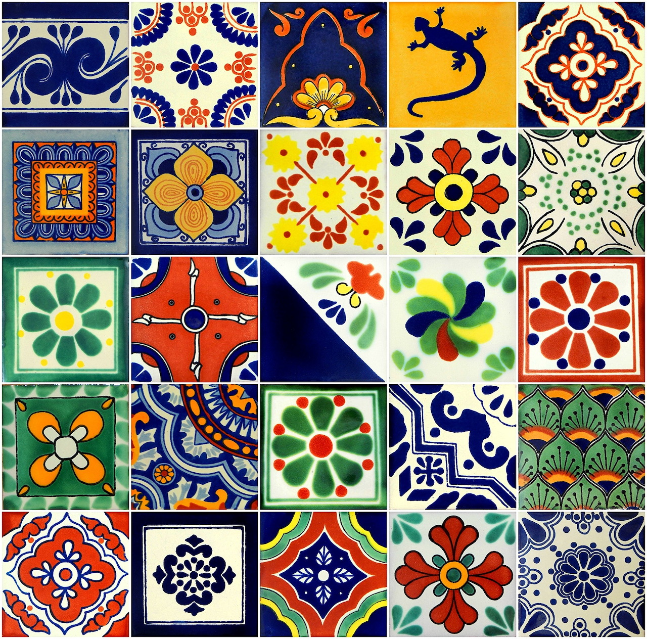 Collage of 25 colorful Mexican Talavera tiles with floral and geometric patterns in blue, orange, yellow, and green