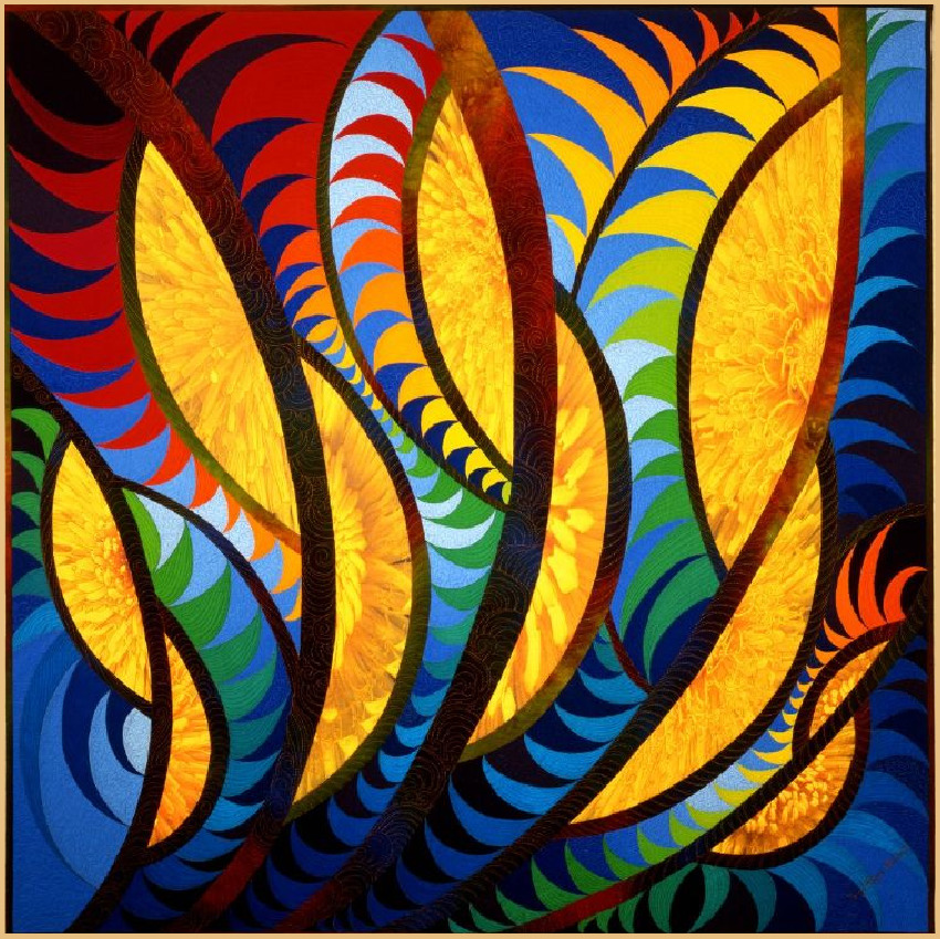 Abstract painting with colorful feather-like forms and glowing yellow centers on a blue background