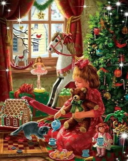 Girl in red pajamas sitting by Christmas tree with toys, gingerbread house, and cat near snowy window