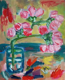 Impressionist painting of pink almond flowers in glass vase with colorful brushwork