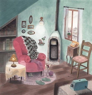 Illustration of a cozy room with a pink armchair, stove, desk, chair, lamp, and slippers