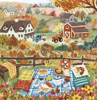 Illustrated autumn farm landscape with barns, tractors, pumpkins and picnic blanket with food and flowers