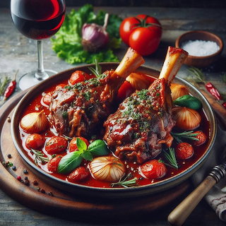 Braised lamb shanks with tomatoes, onions, herbs, and red wine on a rustic table