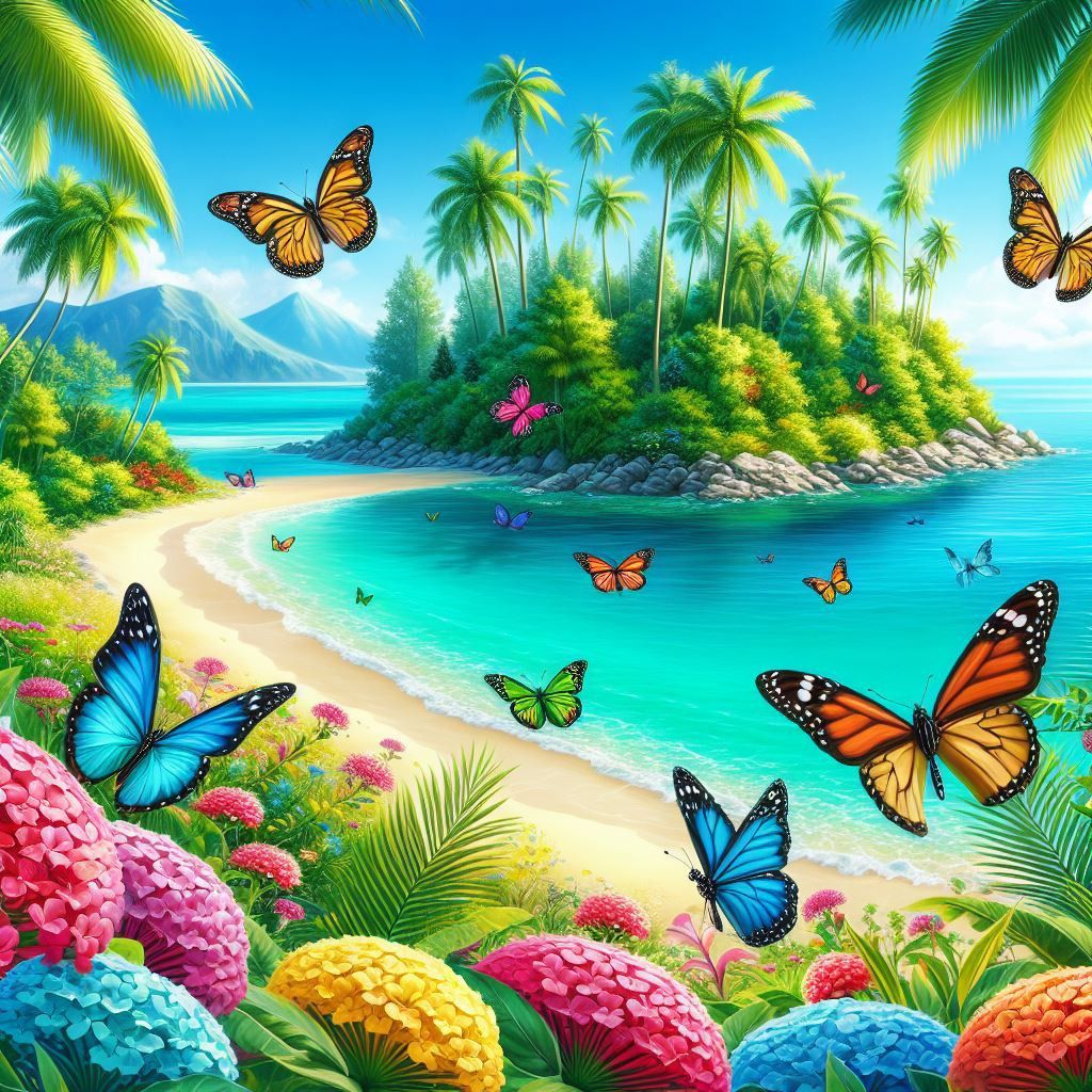 Colorful butterflies above a tropical beach with palm trees, turquoise water, and bright flowers
