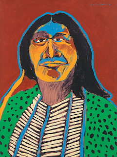 Vibrant painted portrait of Native American person with long dark hair wearing green patterned clothing and blue headband